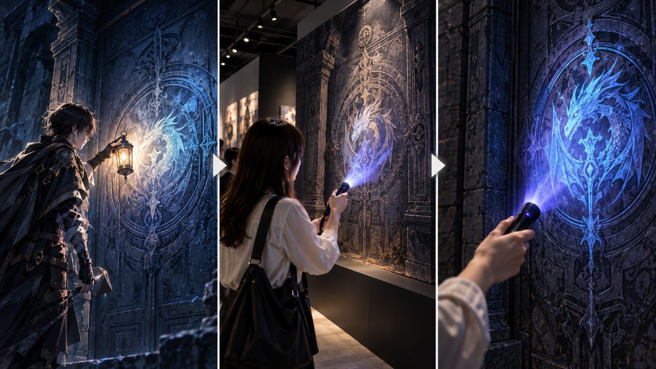 ライトを当てると現れる展示パネルのイメージ